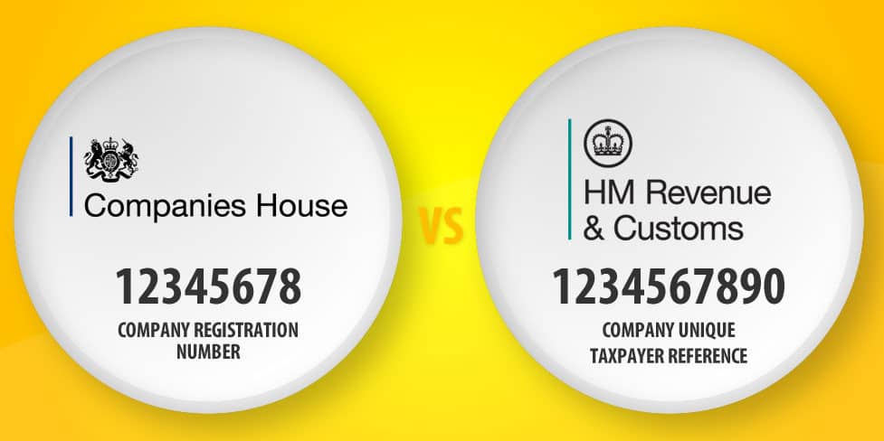 An illustration displaying two white circles against a yellow background. One circle shows an example of a registered company number under the Companies House logo; the other circle shows an example of a Unique Tax Reference under the HMRC logo.