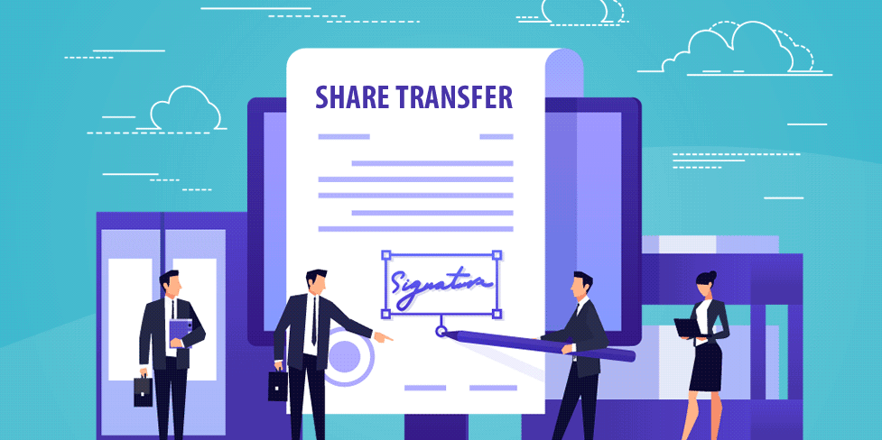 Vector image of a giant share certificate being signed by miniature business people, signifying confirmation of the issue or transfer of company shares.