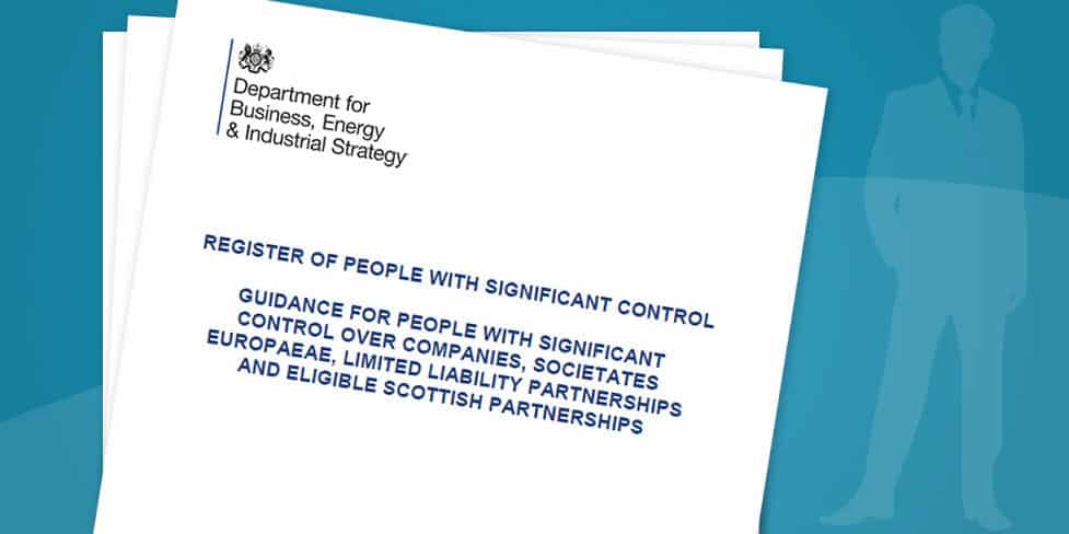 Image of a white, A4 sheet of paper showing the Companies House logo and the words Register of People with Significant Control printed underneath.