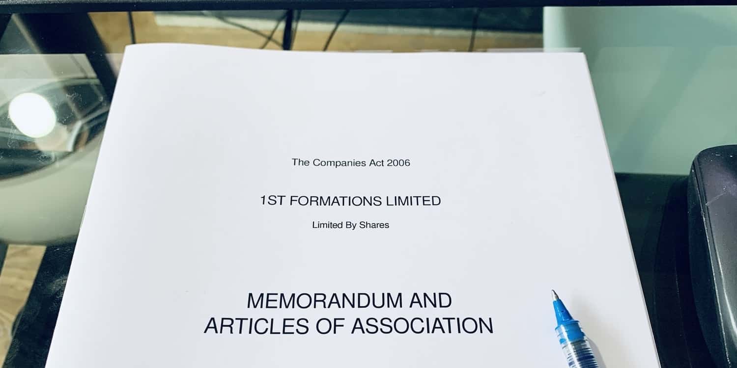 A photograph of the front cover of a printed copy of 1st Formations' Memorandum and Articles of Association.