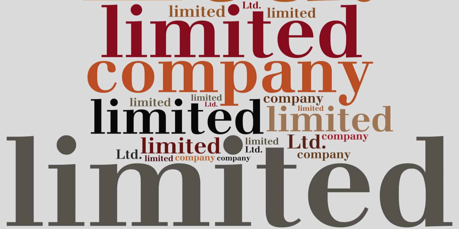Collage of the words 'limited', 'ltd', and 'company' in different colours and text sizes, illustrating the use of the word 'limited' in a company name.