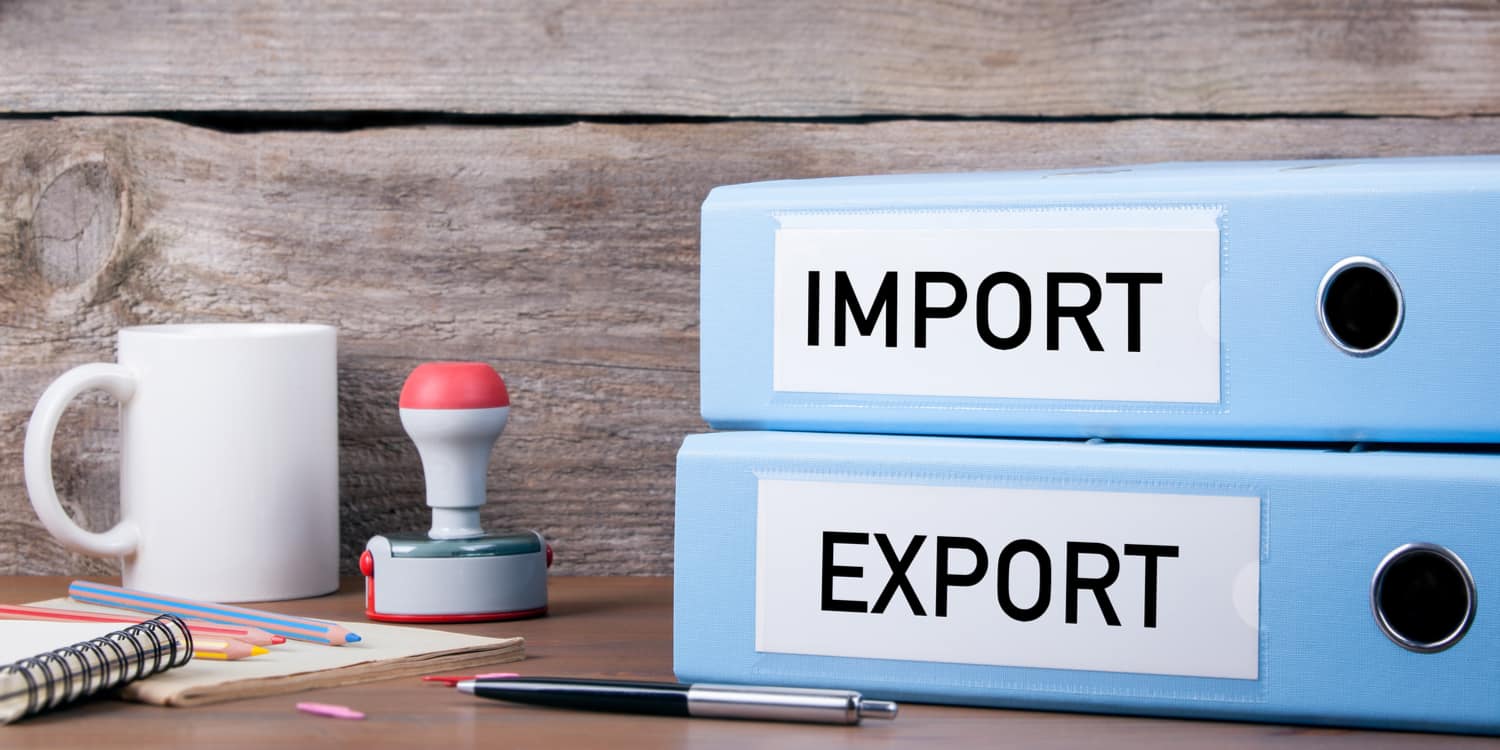 Two light blue lever arch folders sitting on a desk. A file name sticker is attached to the spine of each folder. One reads 'IMPORT', the other reads 'EXPORT', illustrating the concept of an EORI number for import and export between UK and EU.
