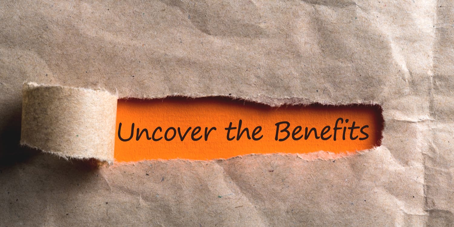 The statement 'Uncover the Benefits' being revealed with the peeling back of a manila envelope.