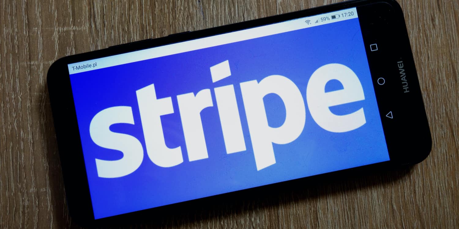 Smartphone displaying the word "stripe" in large white text against a blue background.