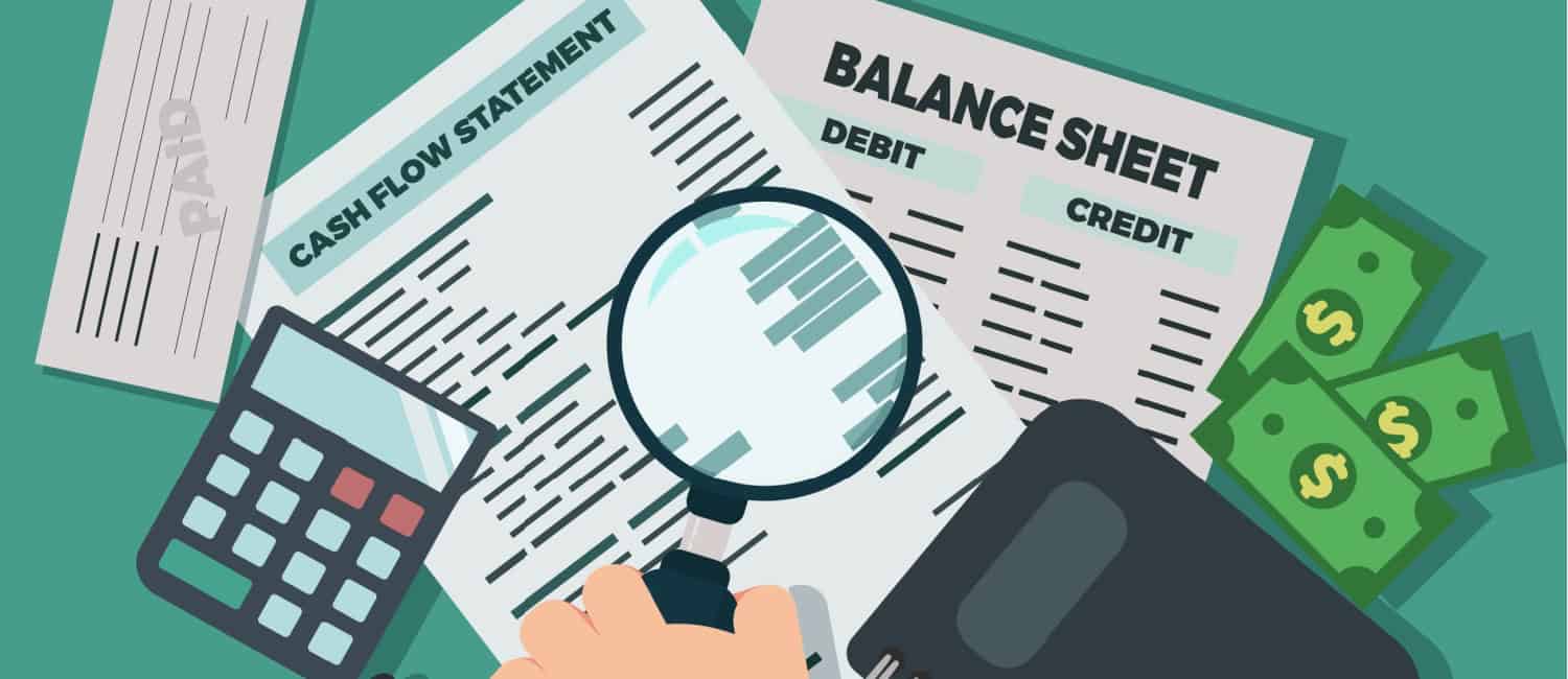 Colourful illustration of a cash flow statement alongside a balance sheet, with a hand holding a magnifying glass to the document