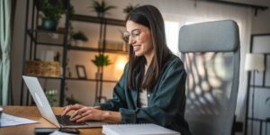 Smiling woman working from home on a laptop, seated at a desk in a cosy and well-decorated home office environment