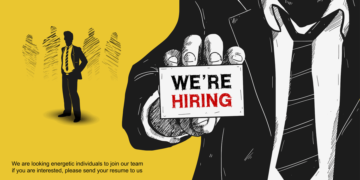 Illustration in black with with yellow background. Businessman holding a card in front of him saying 'We're hiring'.