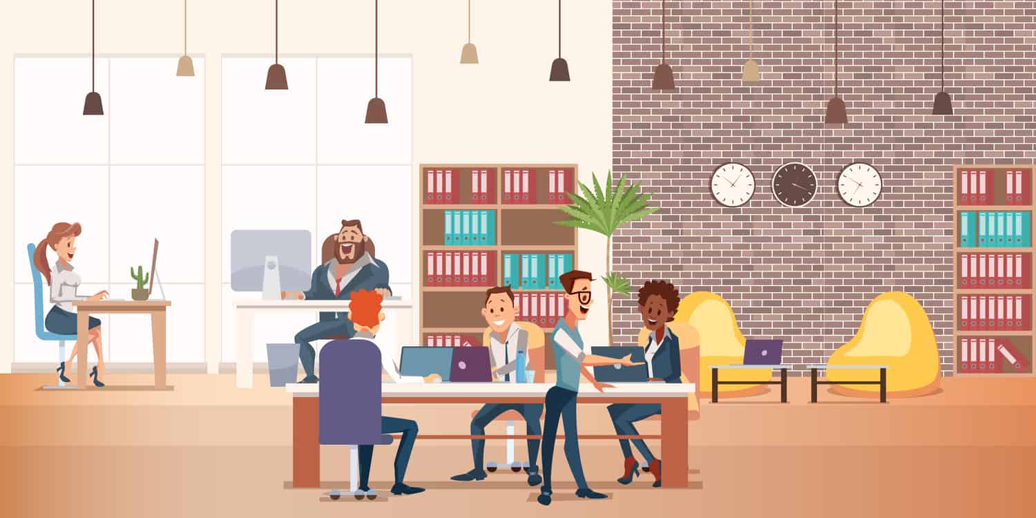 Flat vector illustation of coworking space with creative people sittng at table.