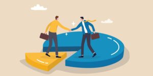 Illustration of two businessmen shaking hands while standing on pieces of a pie chart, symbolising the division of shares between shareholders in a company