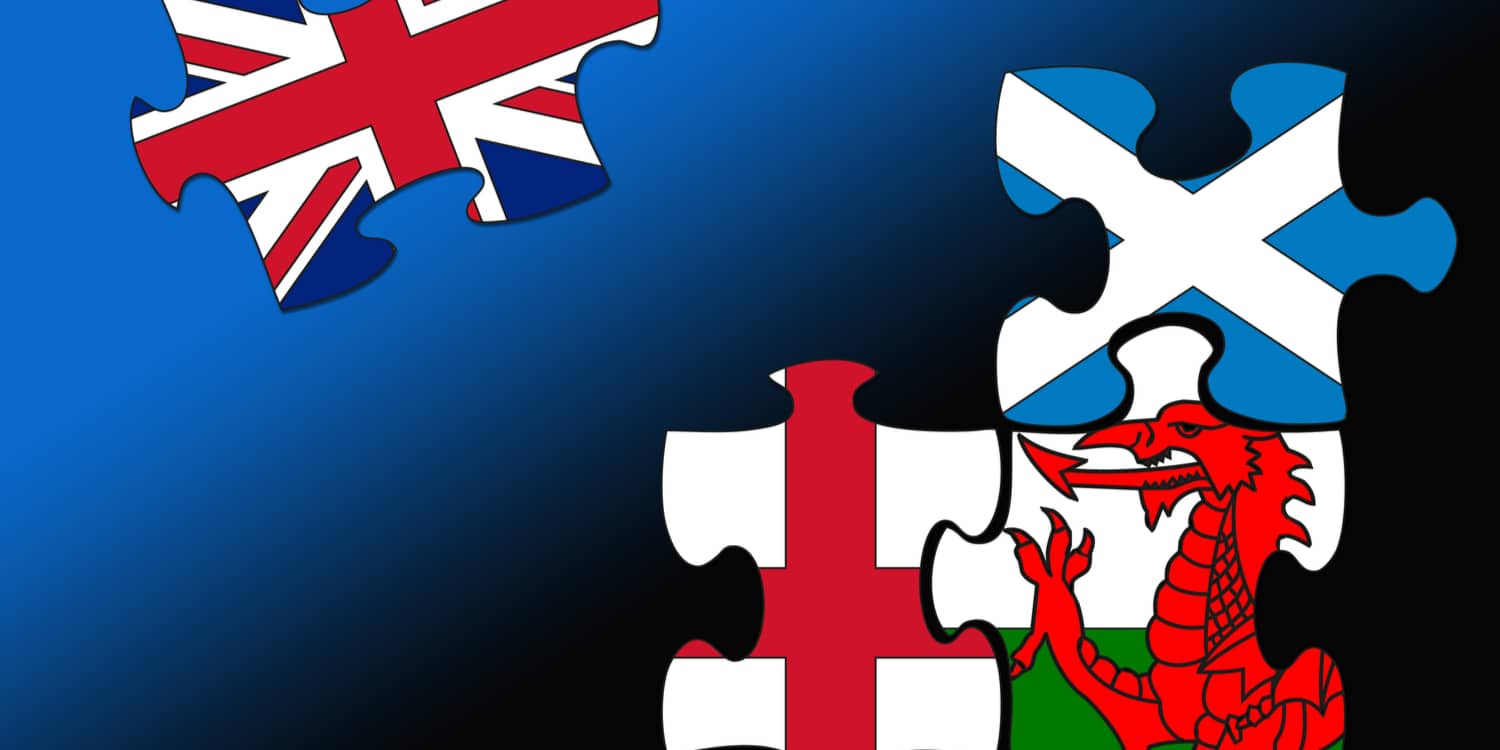Four jigsaw pieces each filled with the flags of Britain, Scotland, England and Wales.