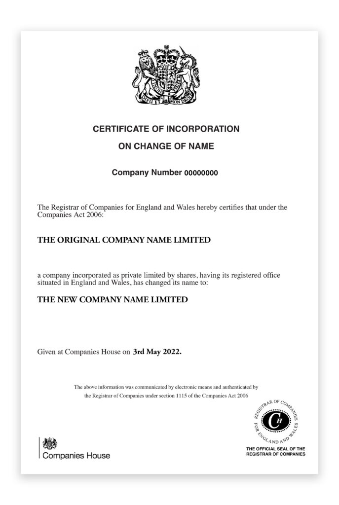 Certificate of Incorporation on Change of Name