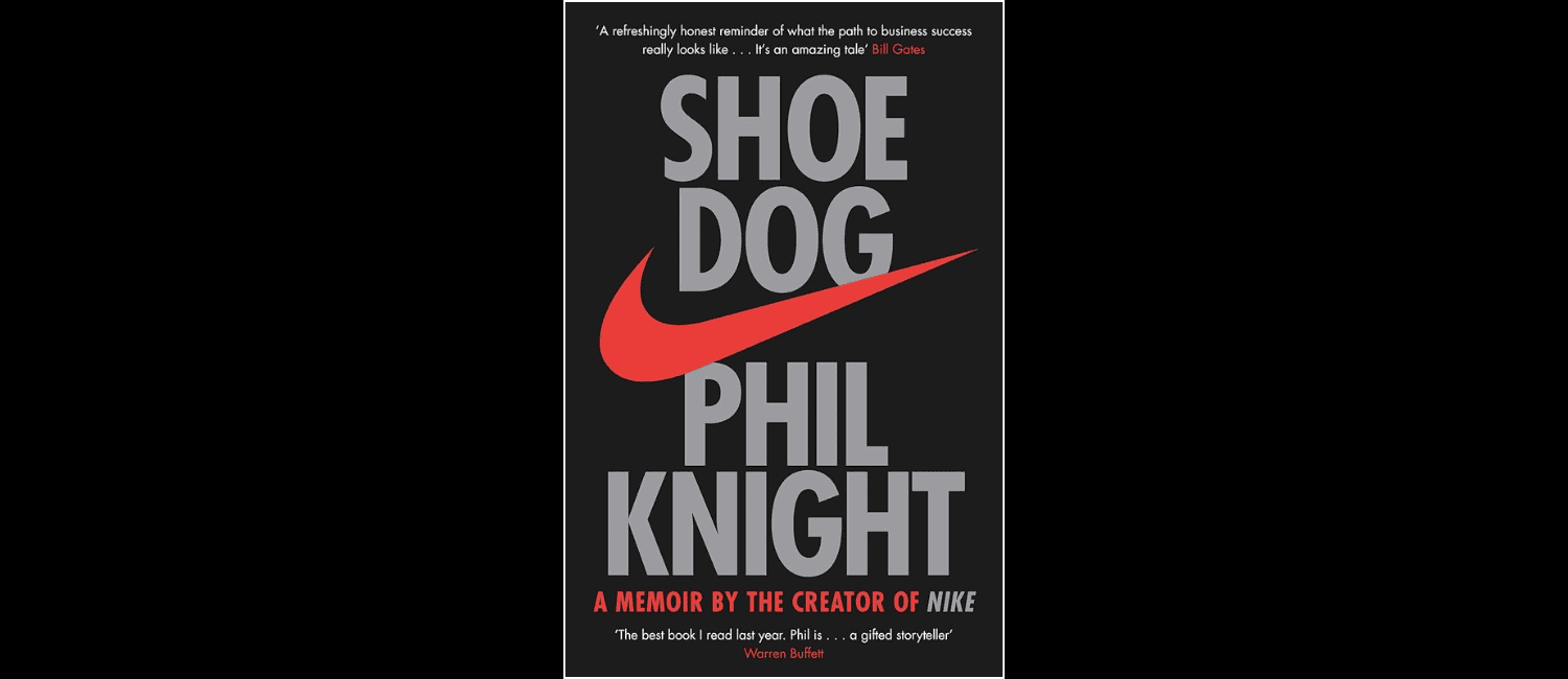 "Shoe Dog" book cover by Phil Knight, showcasing the iconic NIKE tick.