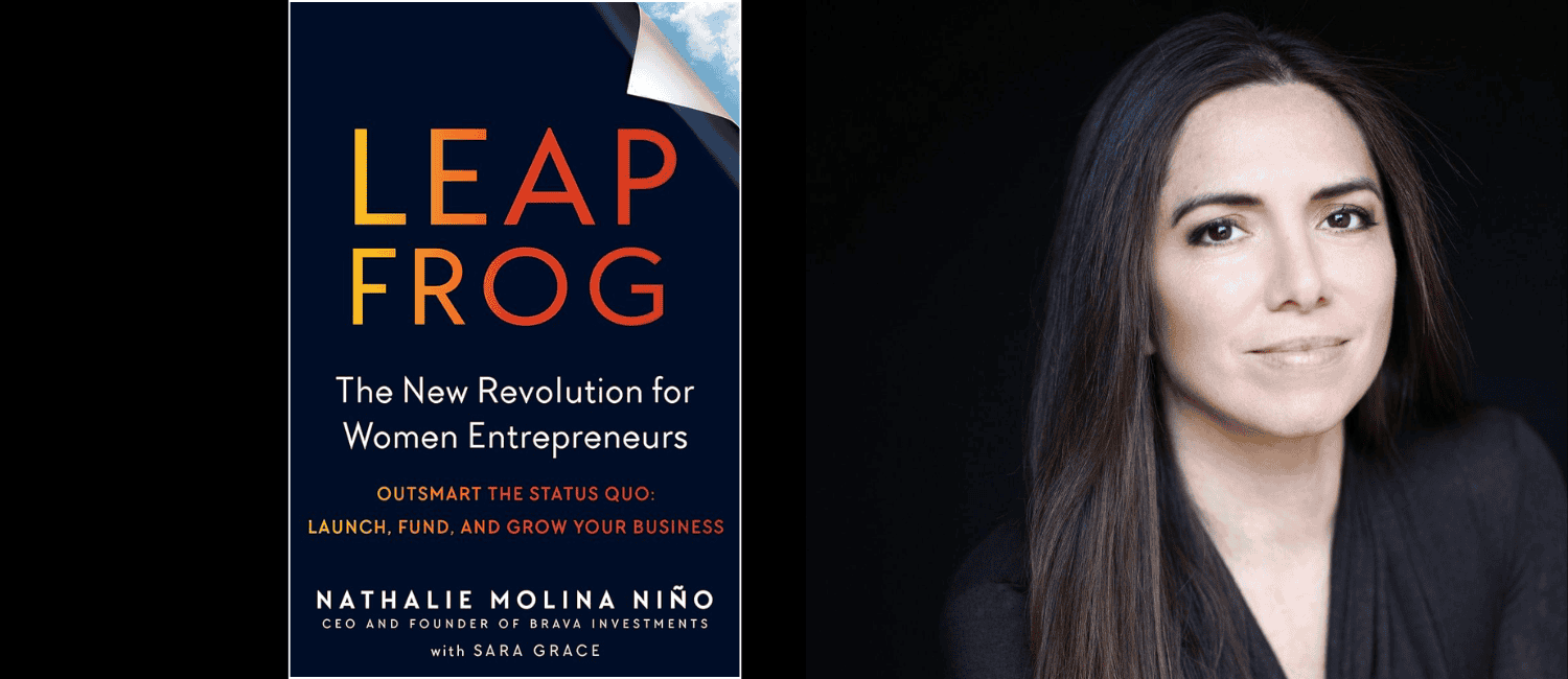 The image features a book titled "Leapfrog: The New Revolution for Women Entrepreneurs" on the left, and a woman with long brown hair and a calm expression on the right.