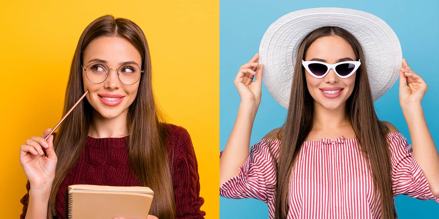 Split screen with lady holding a notepad and pen on the left and the same lady wearing a hat and sunglasses on the right