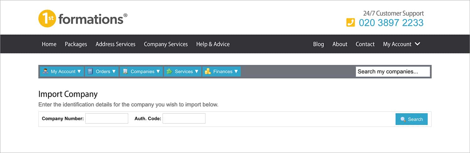 Screenshot of Import a Company page
