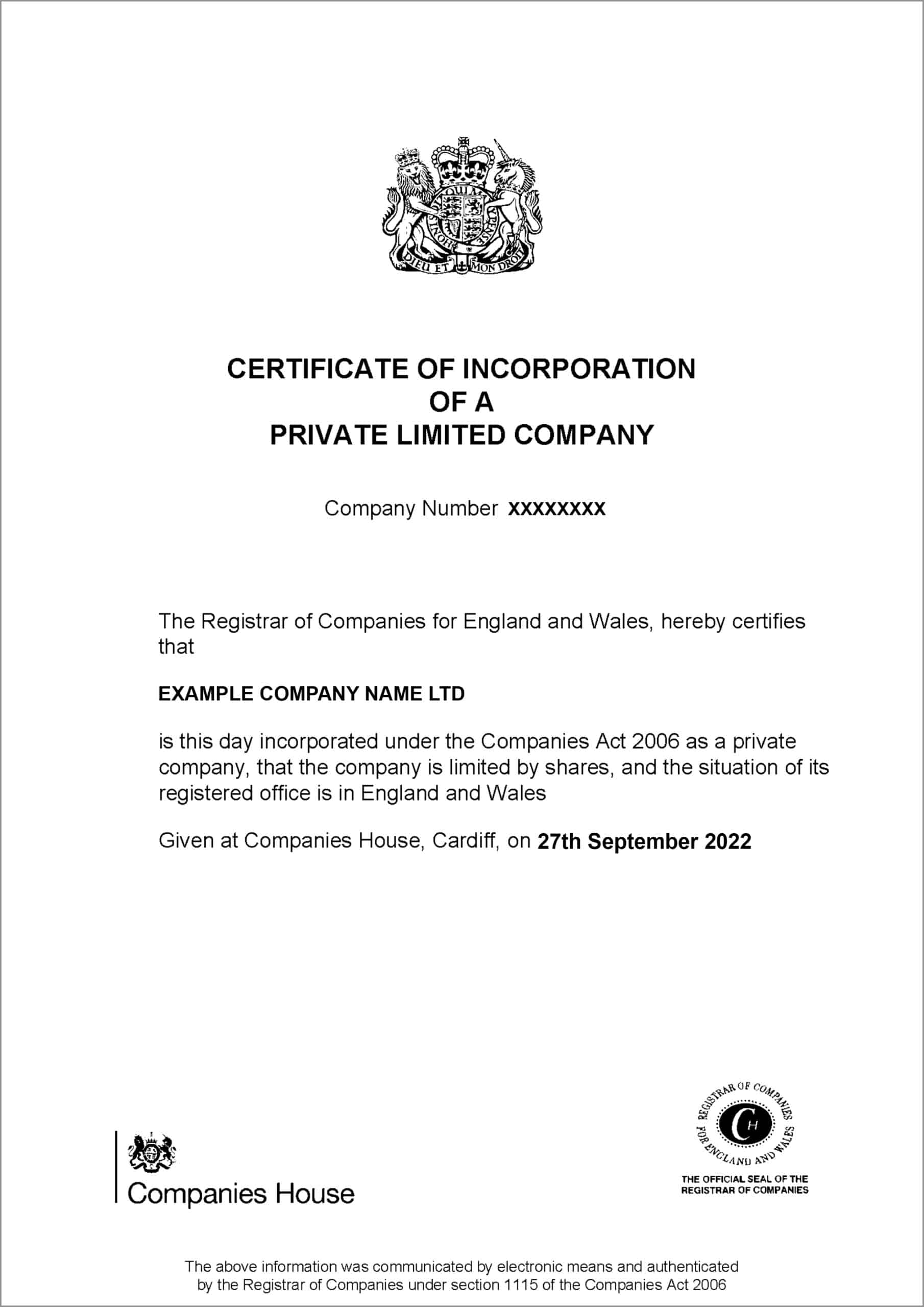 The certificate of incorporation document