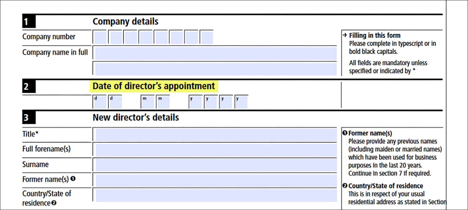 Screenshot of Companies House AP01 form with 'Date of director's appointment' highlighted