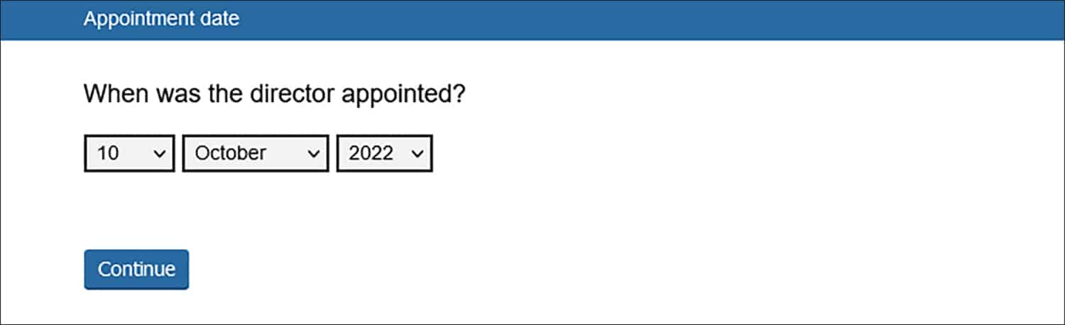 Screenshot of Companies House online director appointment form