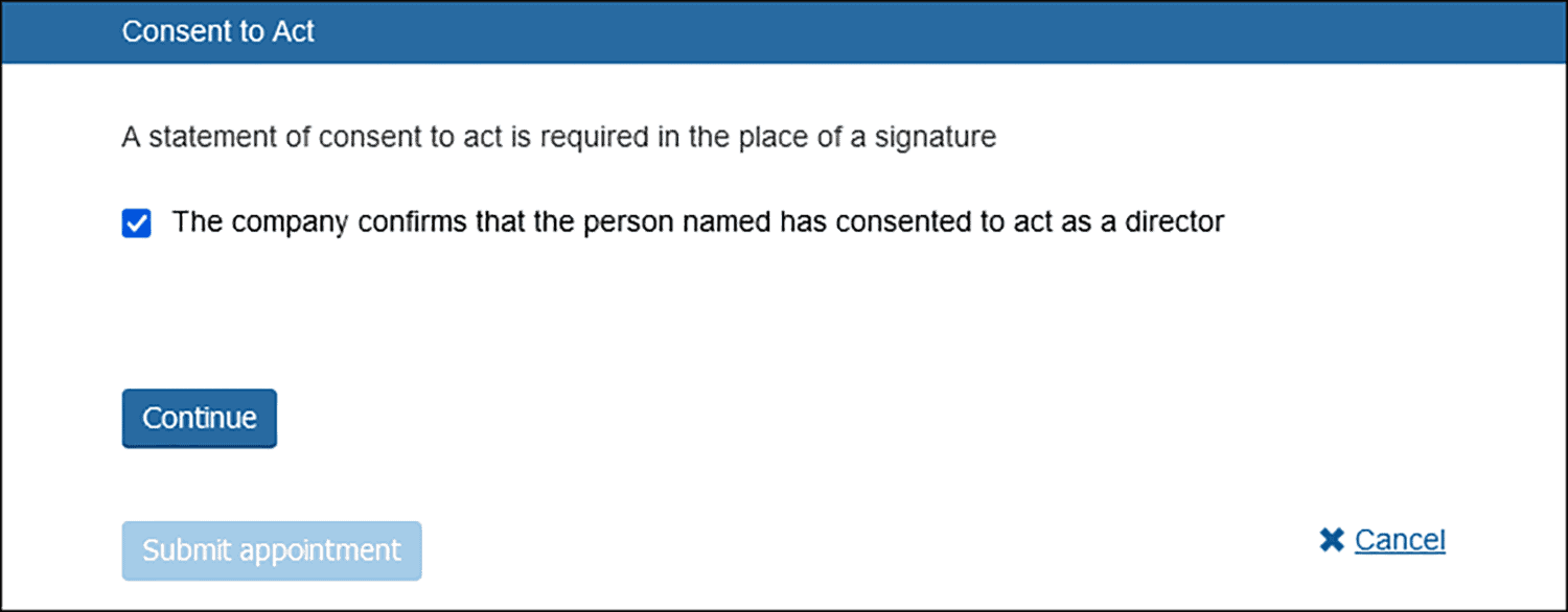 Screenshot of the Companies House online director appointment page