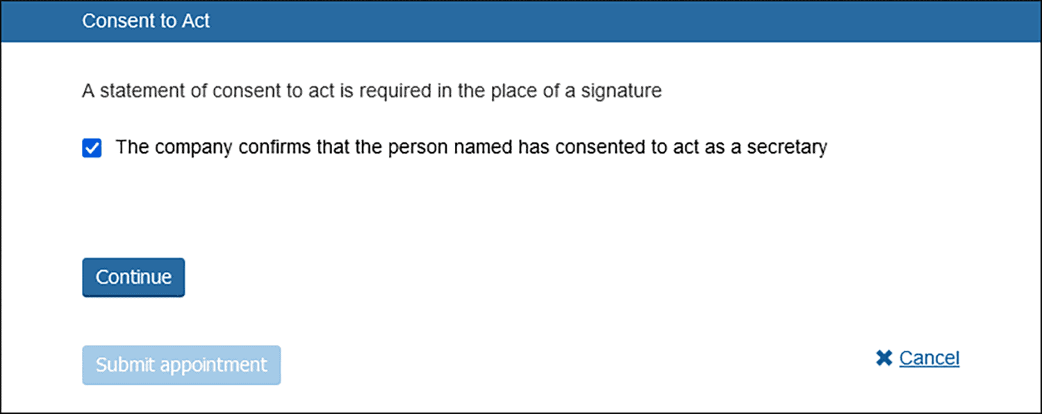 Screenshot of the Companies House online secretary appointment page