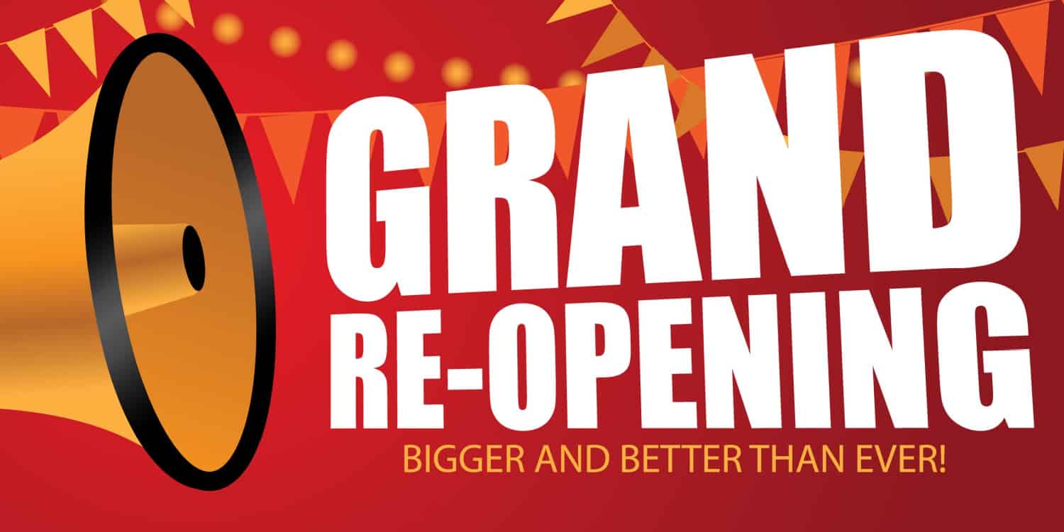Iluustration with GRAND RE-OPENING headline and red background with bunting and megaphone.