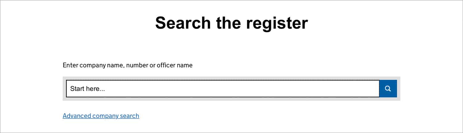 Screenshot of companies house search the register tool