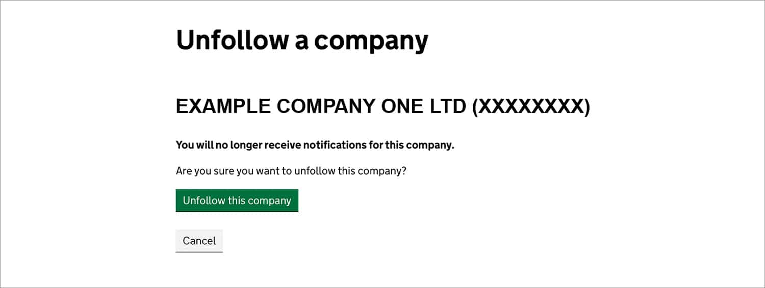 Screenshot of companies house unfollow company confirmation