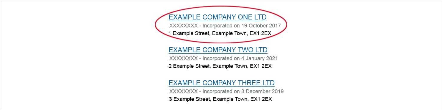 Screenshot of companies house search results page