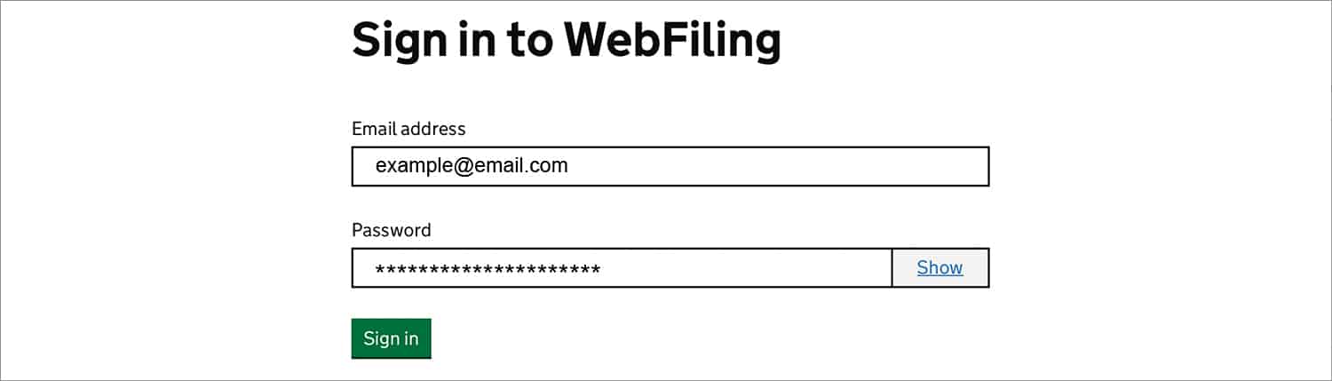 Screenshot of companies house webfiling login