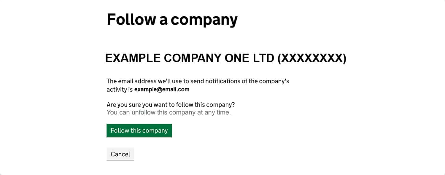 Screenshot of companies house follow company confirmation