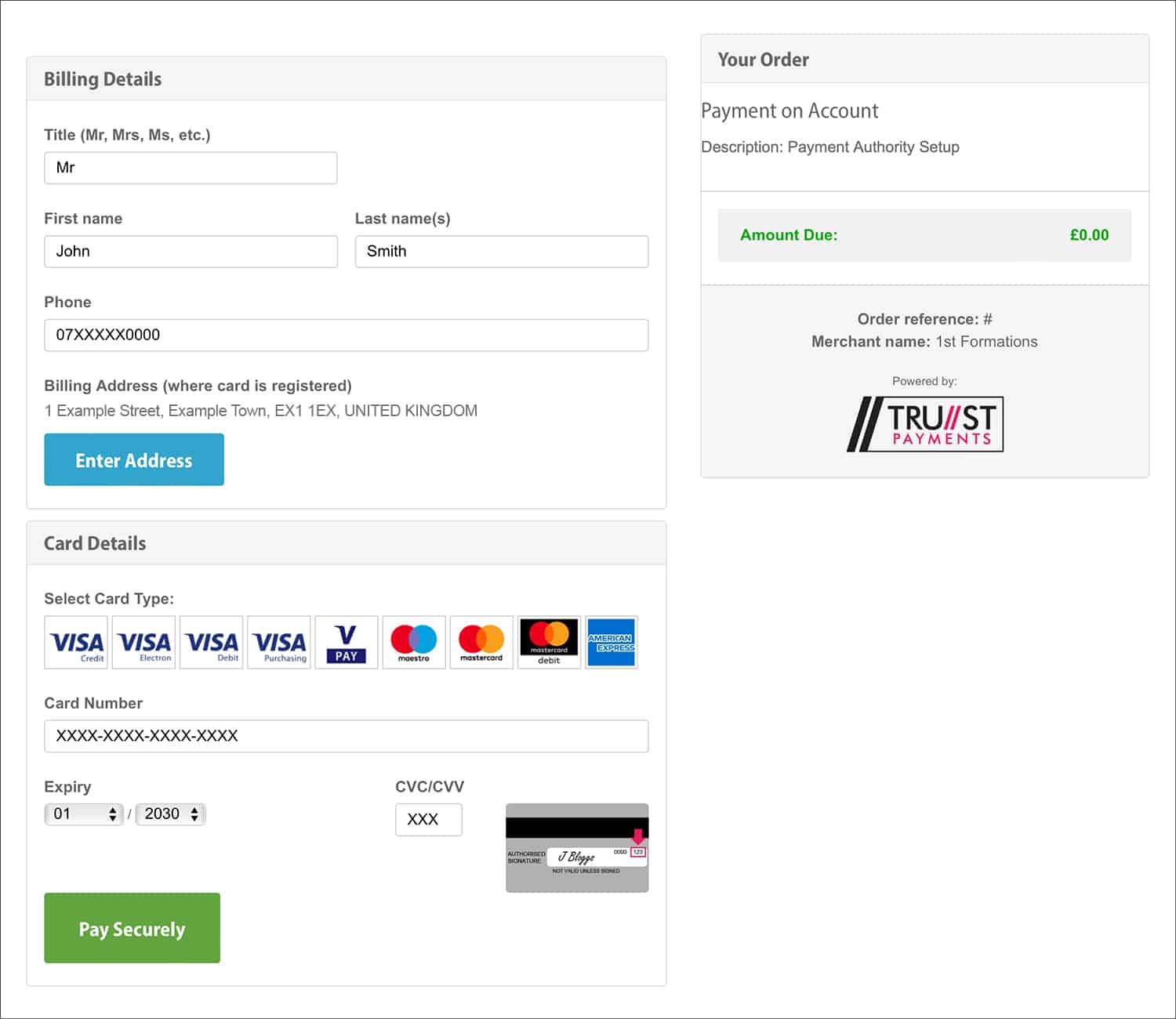 1st Formations Card Payment Page.