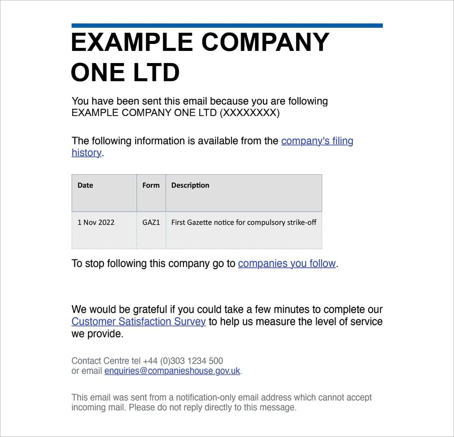 Screenshot of companies house follow company email