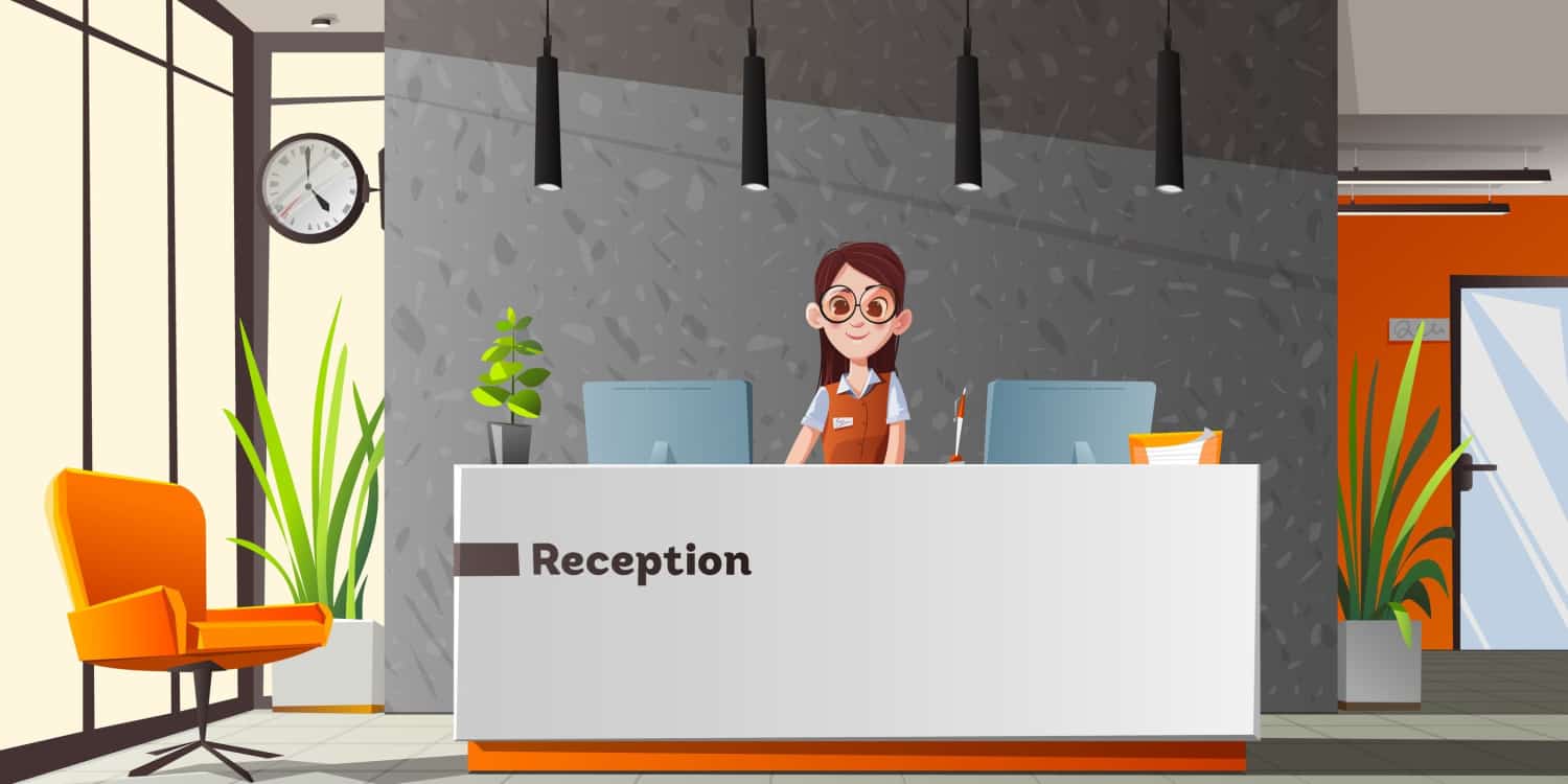 Illustration of a young female receptionist standing behind a reception desk.