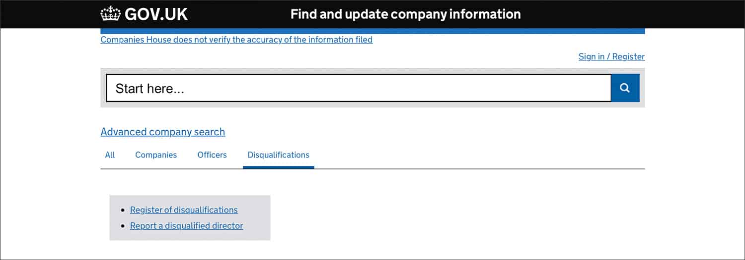 Screenshot of Companies House 'Advanced companies search' page - highlighting sub-headings 'Register of disqualifications' and 'Report of disqualified directors'.