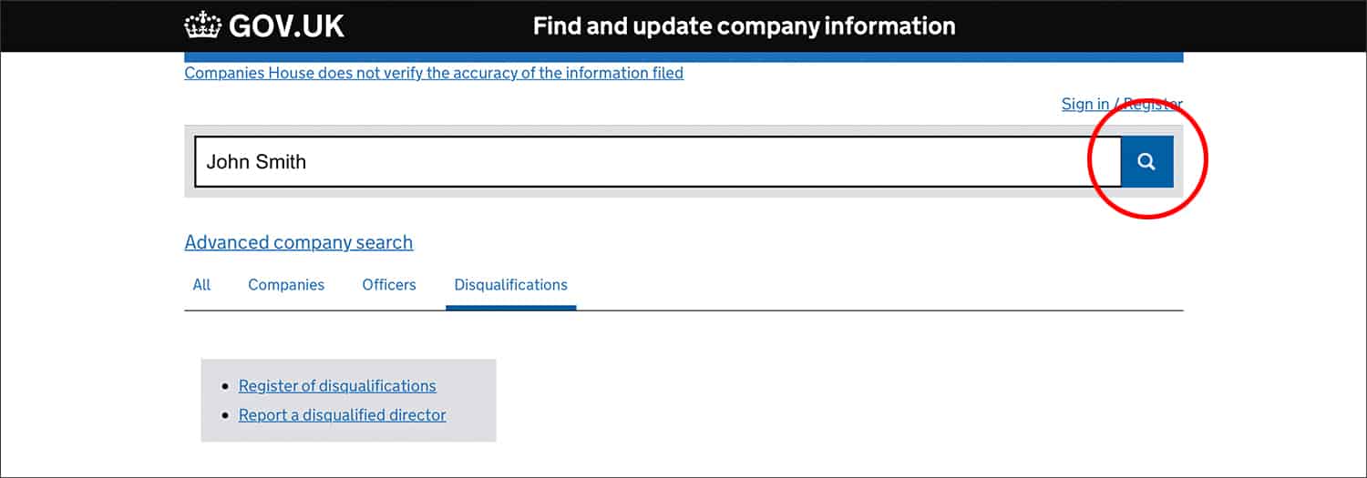 Screenshot of Companies House 'Advanced companies search' page - with the company director's name 'John Smith' entered in the search facility.
