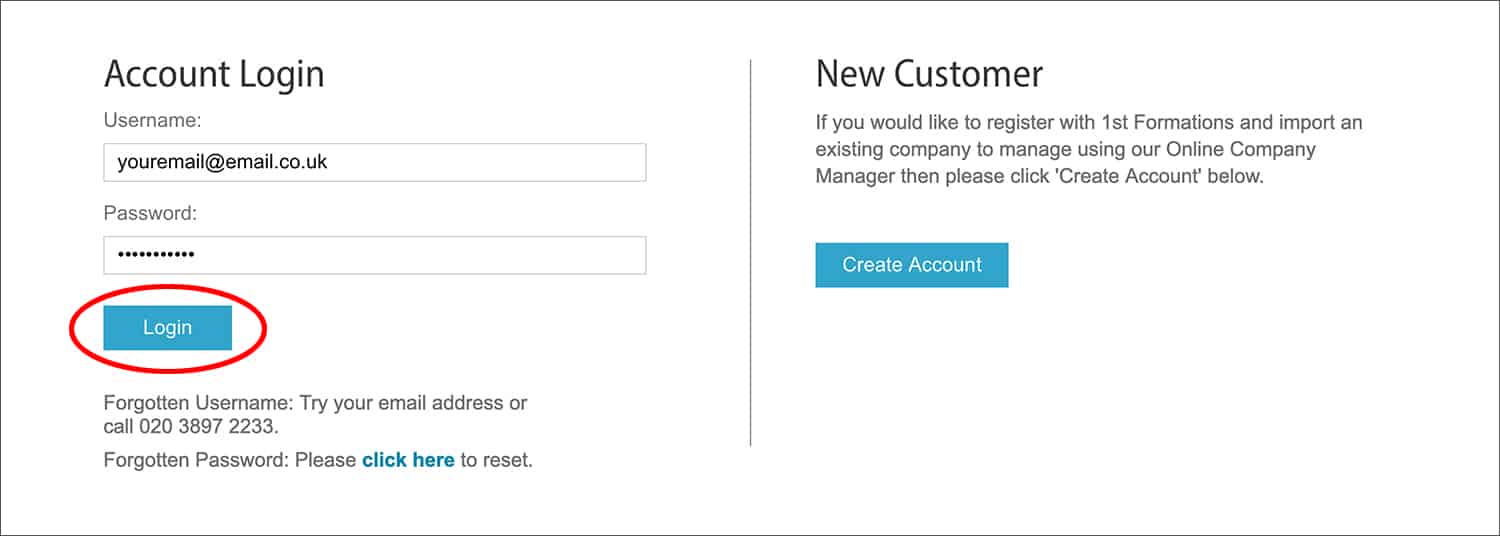 1st Formations' Account Login page.