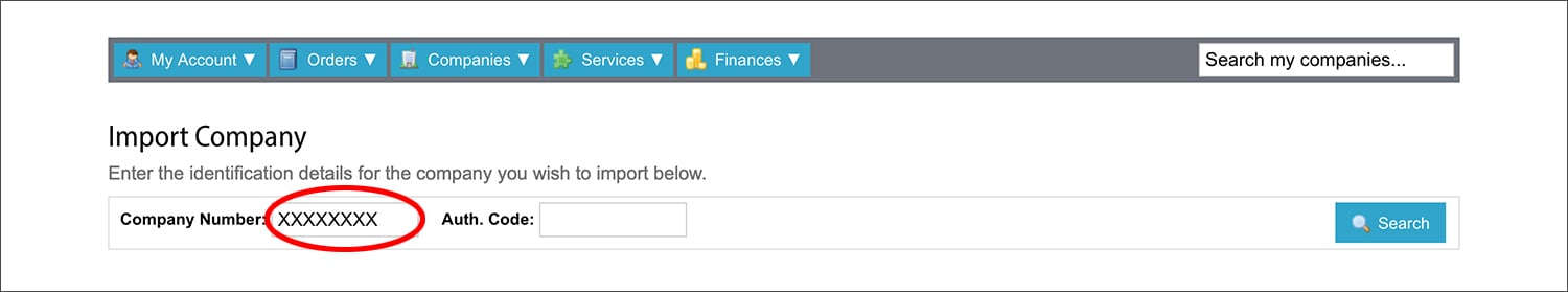 1st Formations' Import a Company page highlighting the Company Number.