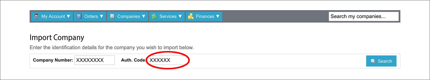 1st Formations' Import a Company highlighting the Authentication Code.