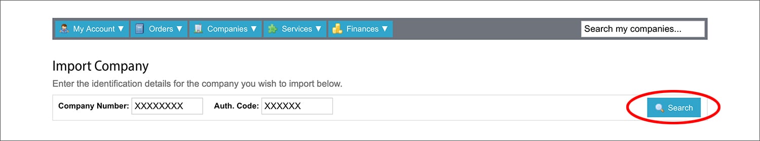 1st Formations' Import a Company Feature highlighting the Search button.