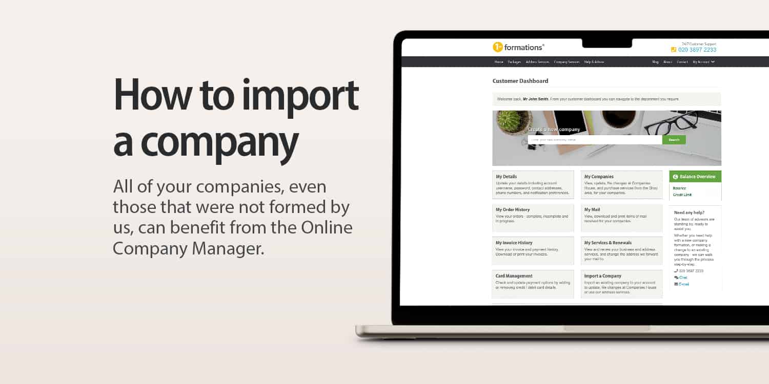 Image displaying 1st Formations' Online Company Manager page on a laptop screen with headline - How to import a company.