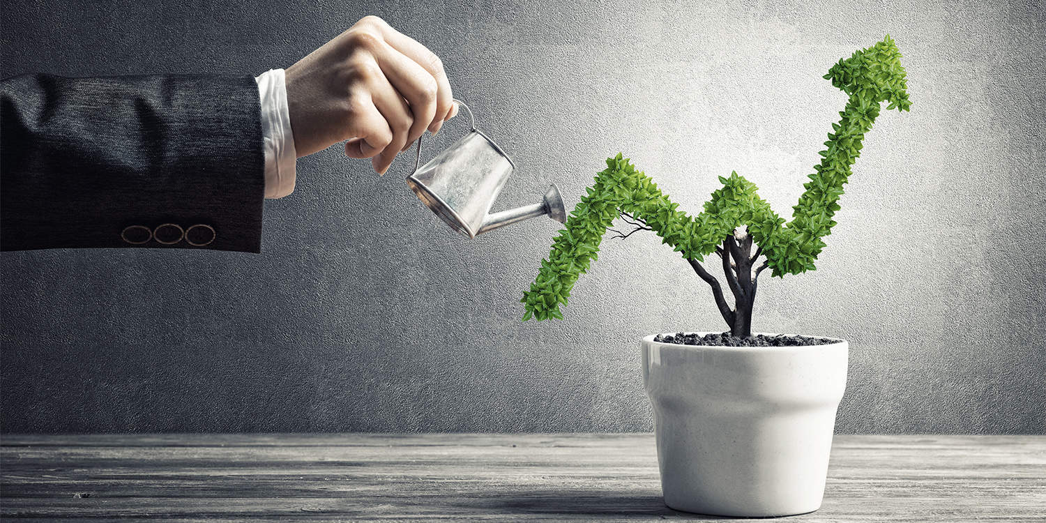 Hand of business person watering small plant in pot shaped like growing graph