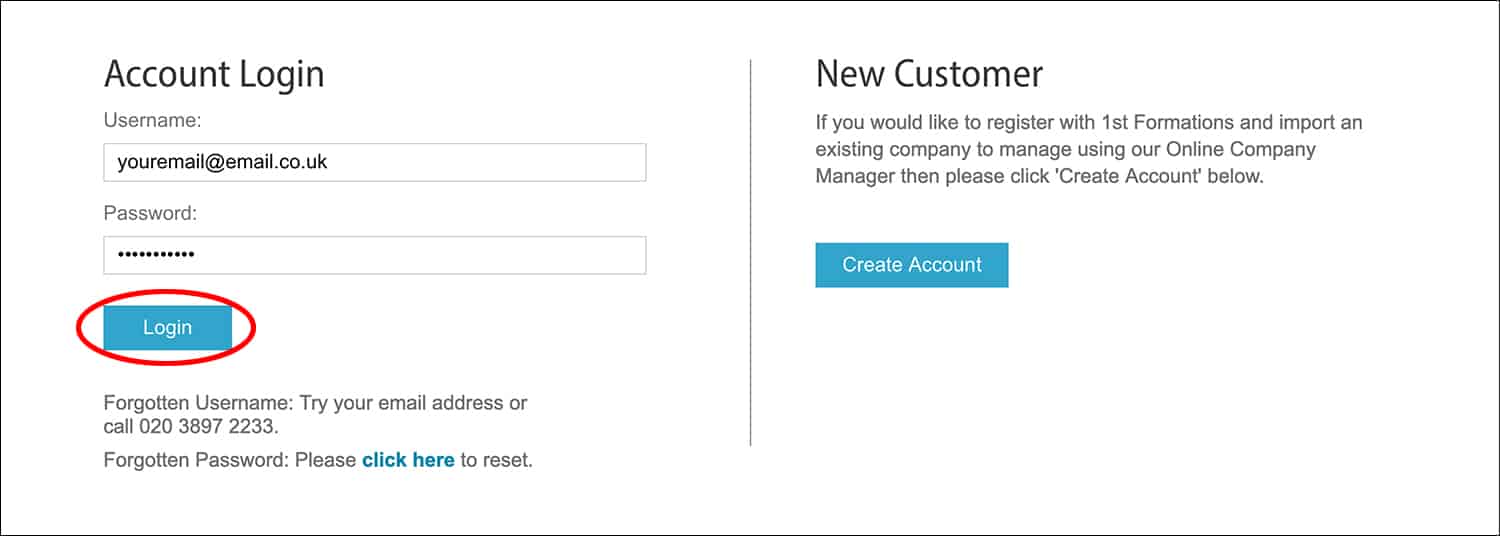 1st Formations Account Login page, highlighting the Login button.