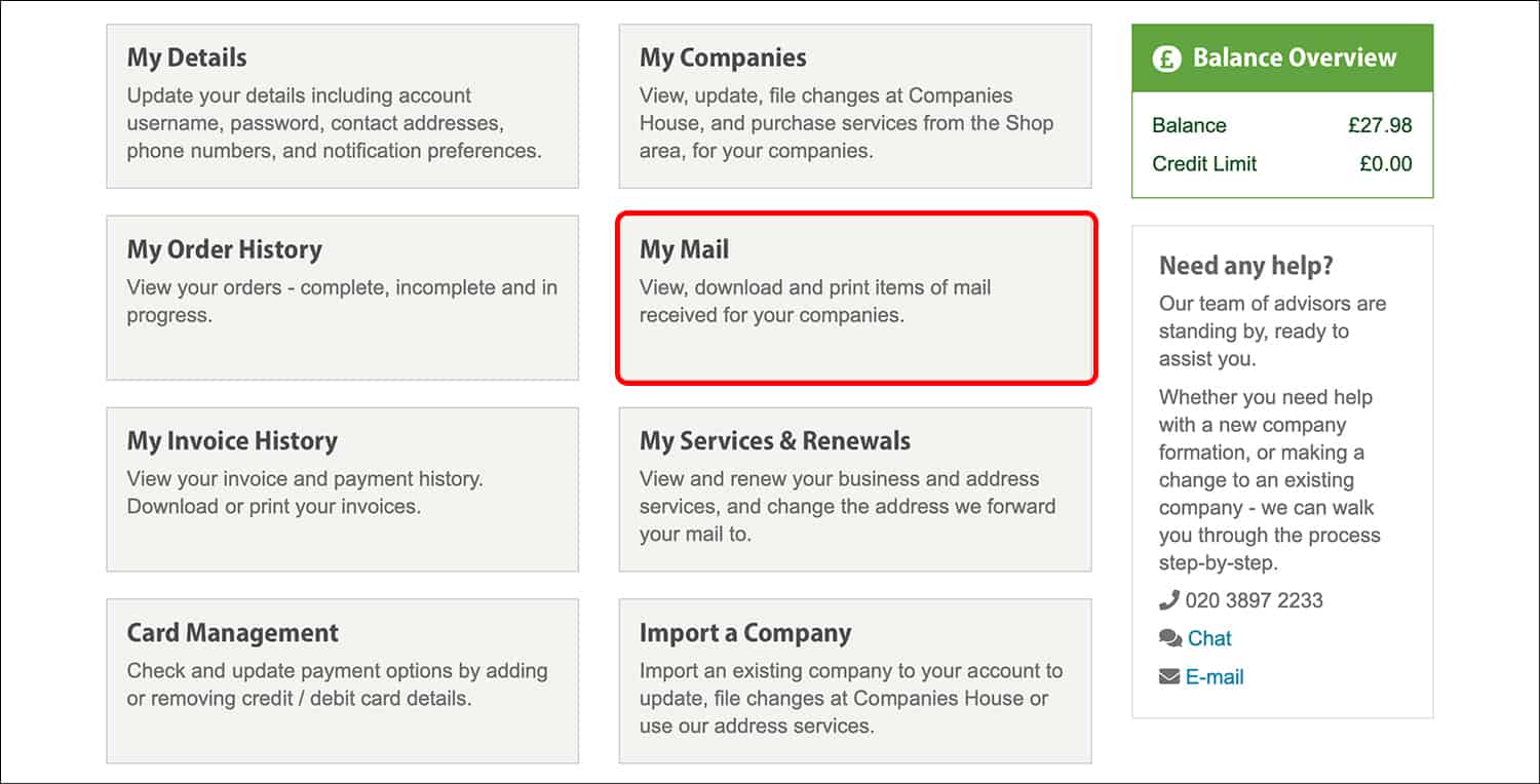 1st Formations' Online Company Manager Dashboard page, highlighting the My Mail section.