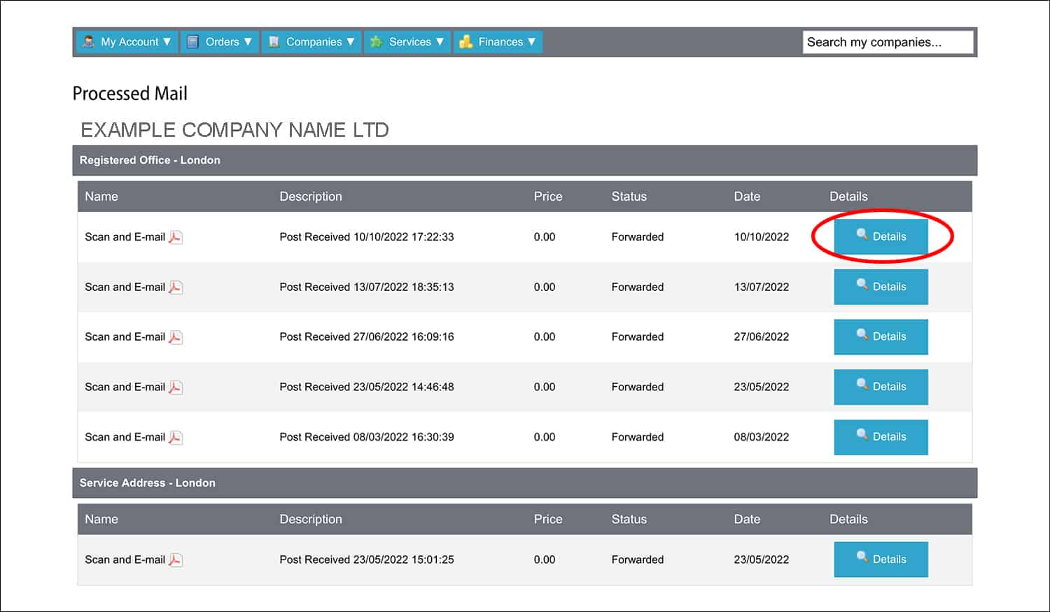 1st Formations' Online Company Manager Processed Mail page.