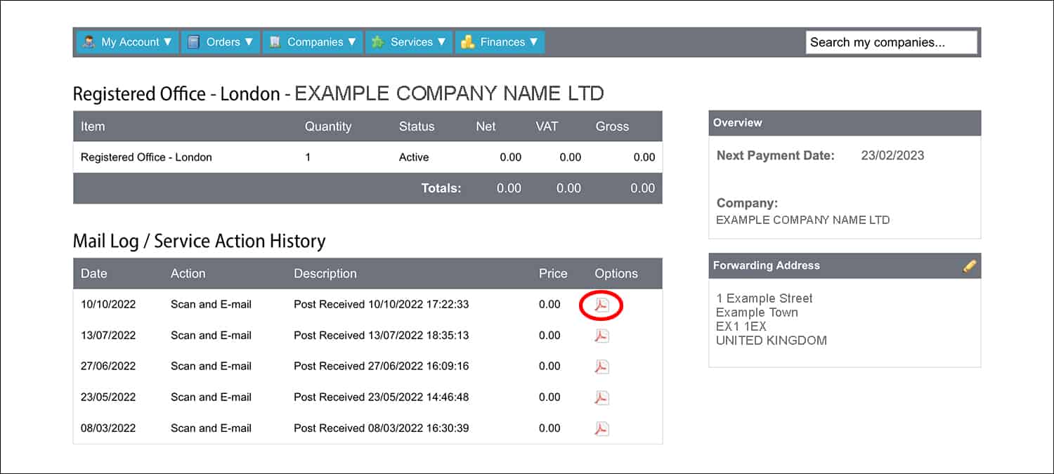 1st Formations' Online Company Manager showing the mail log for a registered office service.