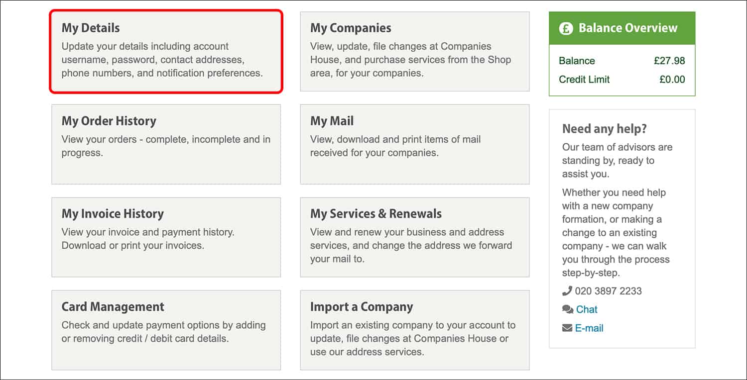 1st Formations' Online Company Manager Dashboard page highlighting the My Details section.