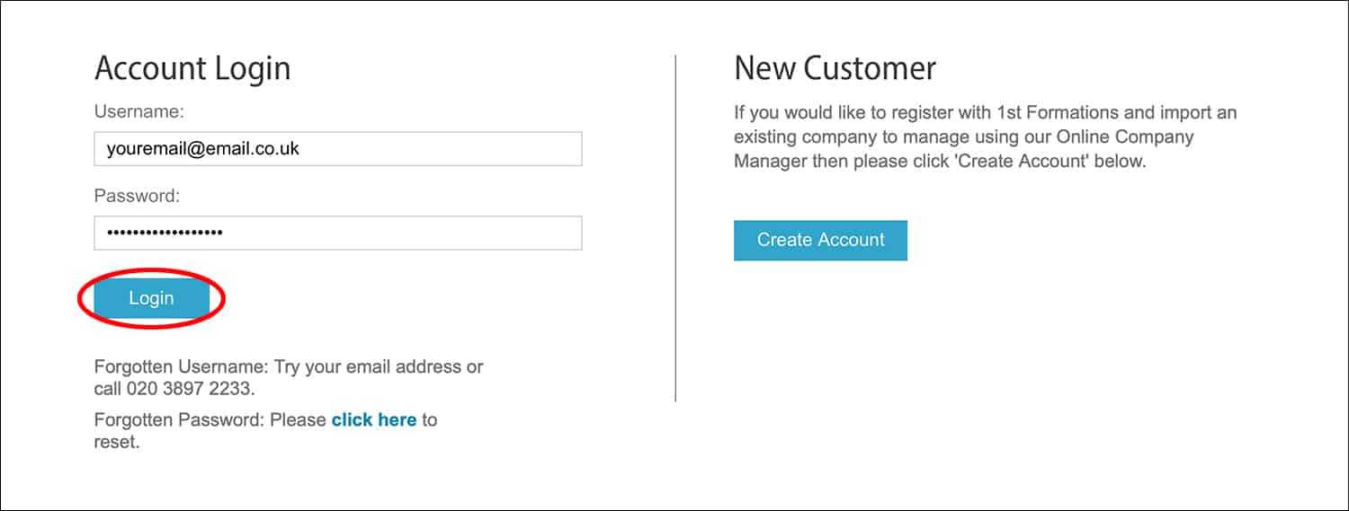 1st Formations' Account Login page.