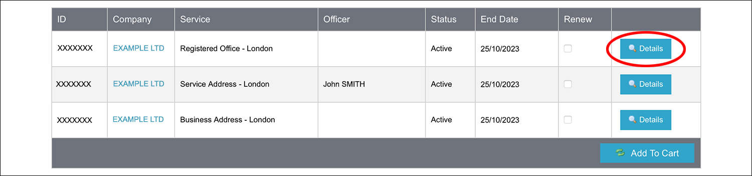 1st Formations' Online Company Manager Services page, highlighting the 'Details' button with a red circle.