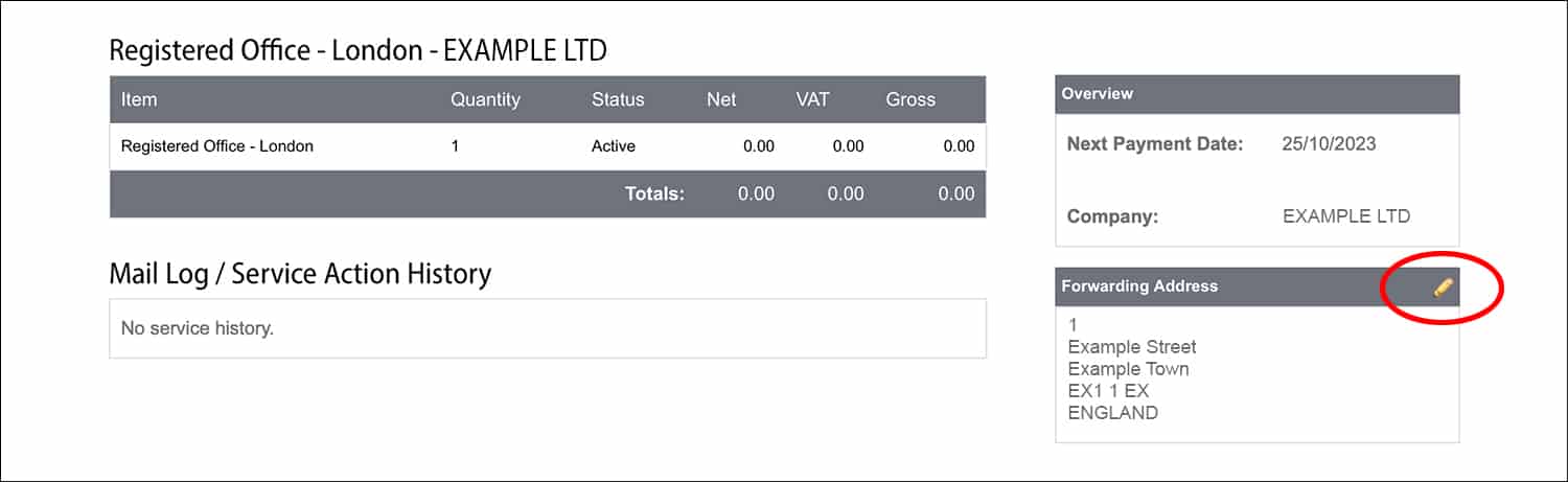 1st Formations' Online Company Manager Service Details page, highlighting the edit icon with a red circle.