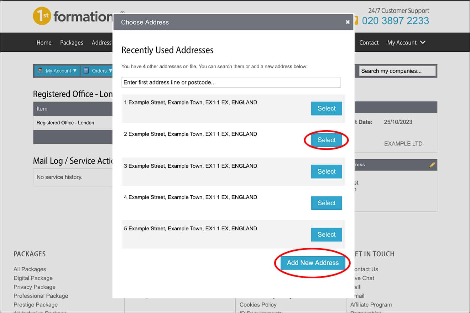 1st Formations' Online Company Manager Recently Used Addresses pop up, highlighting the 'Select' button with a red circle.